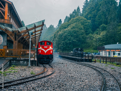 The iconic red train at the station at Alishan National Park, Taiwan.