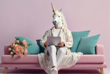 relaxed unicorn holds a laptop in his hands