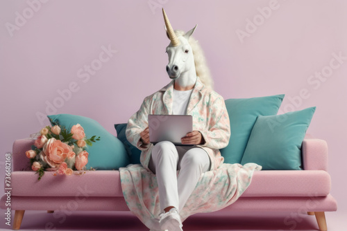 relaxed unicorn holds a laptop in his hands photo