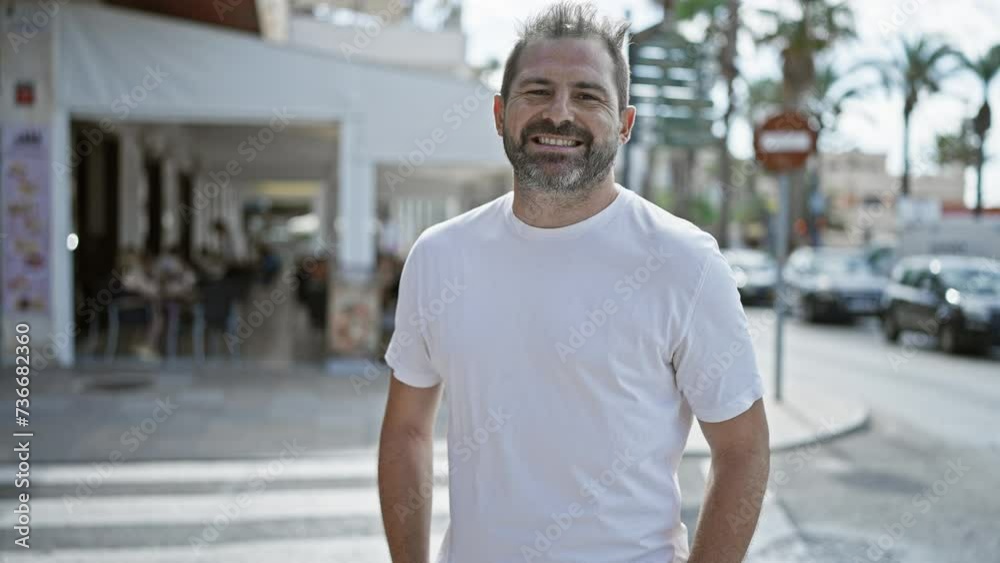 Handsome mature man with grey hair smiling on a sunny urban street, symbolizing lifestyle and happiness.