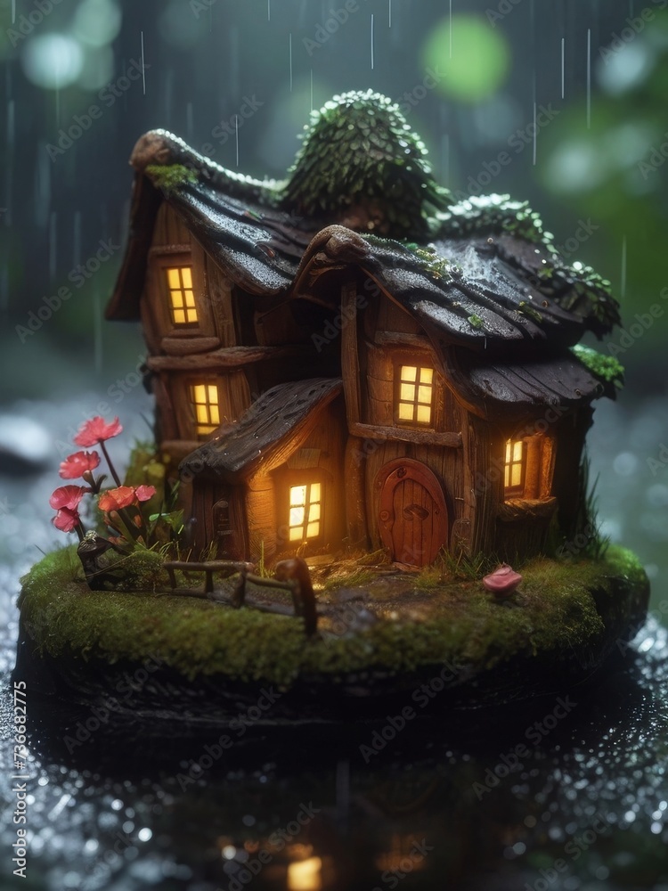 glowing house in a dark, moody rainy magical forest