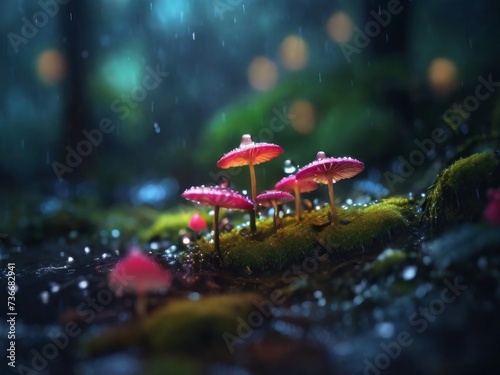 glowing mushrooms in a dark, moody rainy magical forest