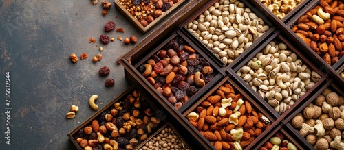 A luxury gift box with assorted nuts and dried fruits, captured vertically. photo