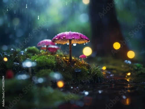 glowing mushrooms in a dark, moody rainy magical forest