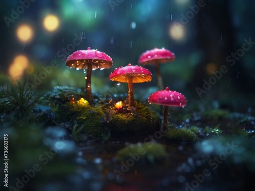 glowing mushrooms in a dark, moody rainy magical forest