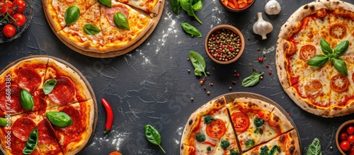 Various delicious pizza slices on a table for a family dinner or pizza party, seen from above. photo