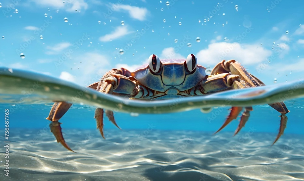 close up crab in ocean water with blue sky