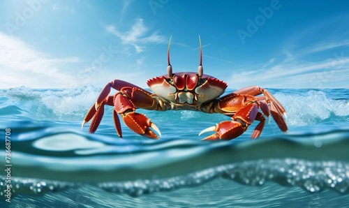 close up crab in ocean water with blue sky