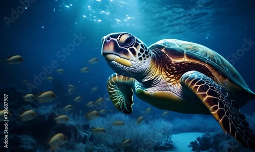 closeup of a green sea turtle swimming underwater under the lights