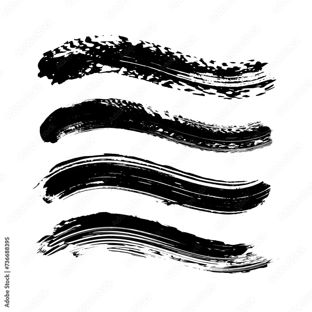 Set of black paint, ink brush strokes, brushes, lines. Dirty artistic design elements.