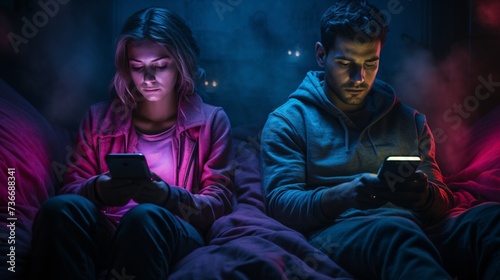 a man and woman sitting on a bed looking at their phones