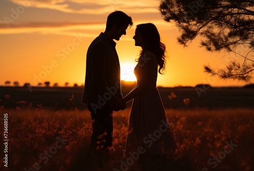 a man and woman holding hands in a field of flowers