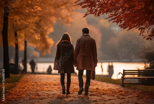 a man and woman walking on a path with trees and water