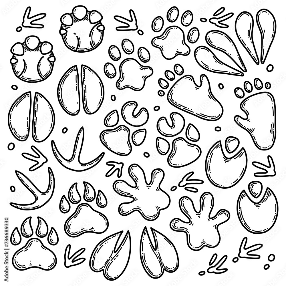 Safari animal footprints such us lion, zebra, hippo, rhino, elephant