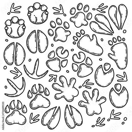 Safari animal footprints such us lion, zebra, hippo, rhino, elephant, giraffe, gorilla. Black and white outline vector illustration. Colouring page for kids.