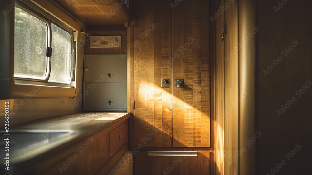 Warm Wooden Interior of Caravan with Comfortable Bed and Storage at Sunset