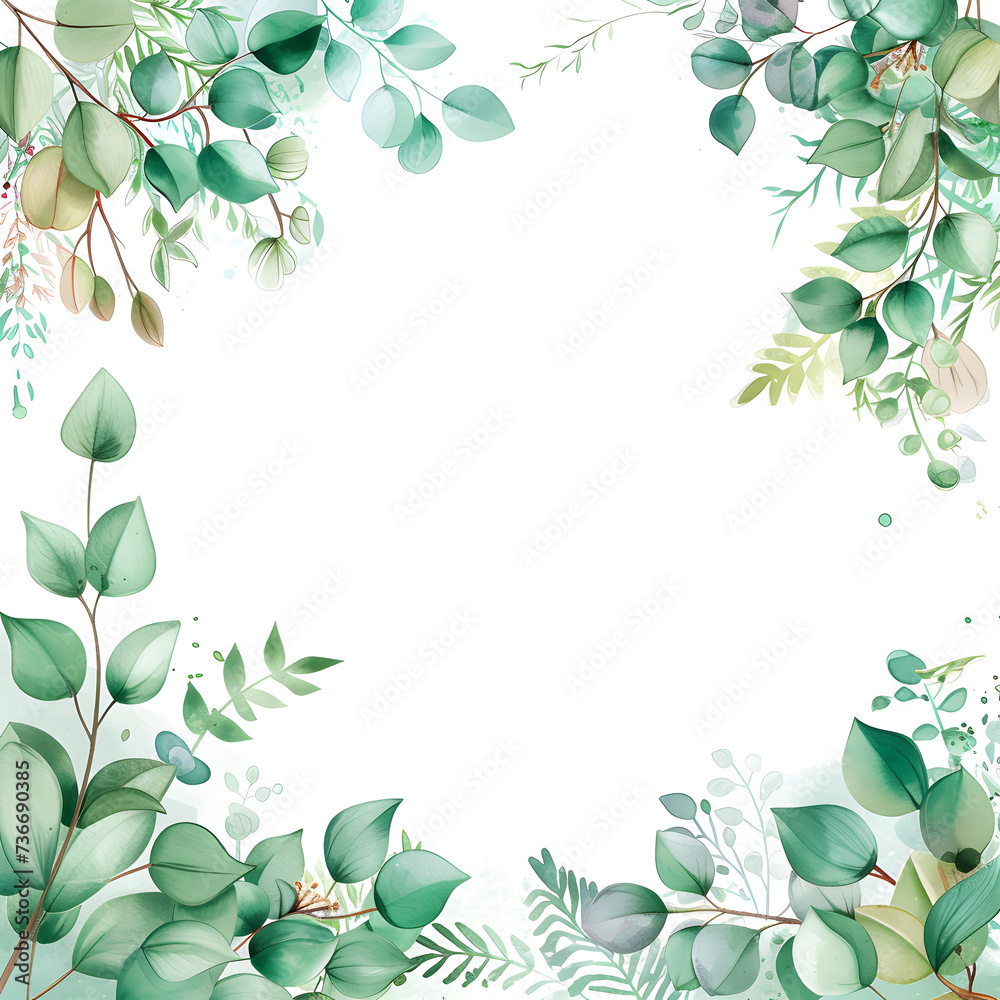 Green leaves watercolor background invitation template, Generative AI	
