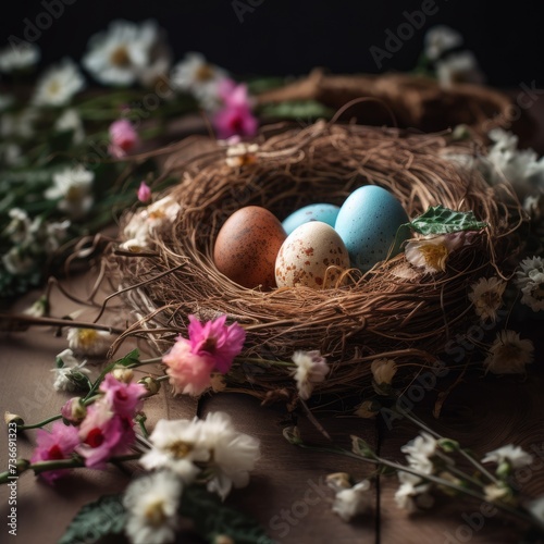 Easter eggs in a nest with flowers on a wooden table.