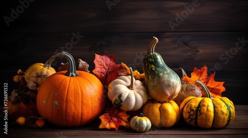 Group of pumpkins and fall leaves on a wooden table.