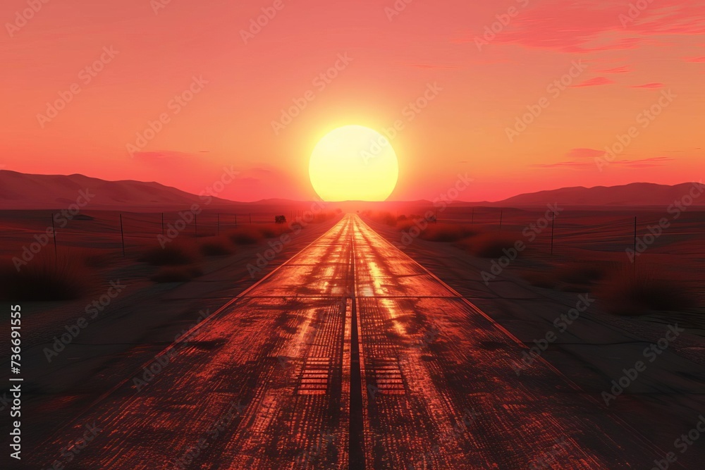 Dramatic desert highway stretching into a sunset horizon Evoking a sense of adventure and freedom