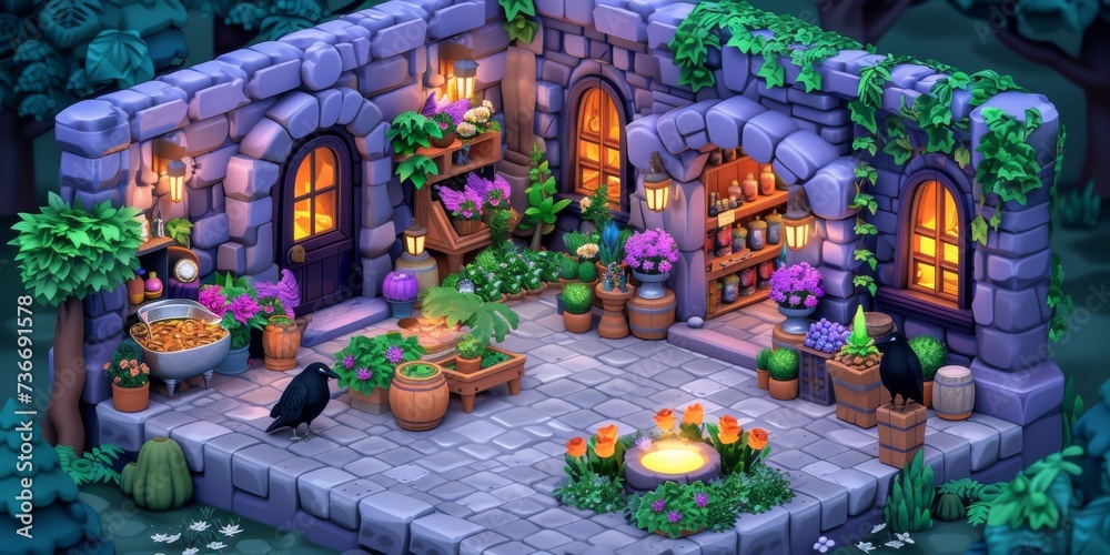 Cozy Fantasy Cottage with Flower Garden at Night