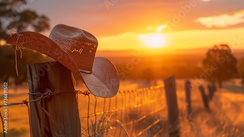 Iconic Cowboy Hat on Wooden Fence During a Picturesque Country Sunset