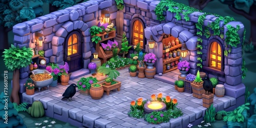 Cozy Fantasy Cottage with Flower Garden at Night © Ross