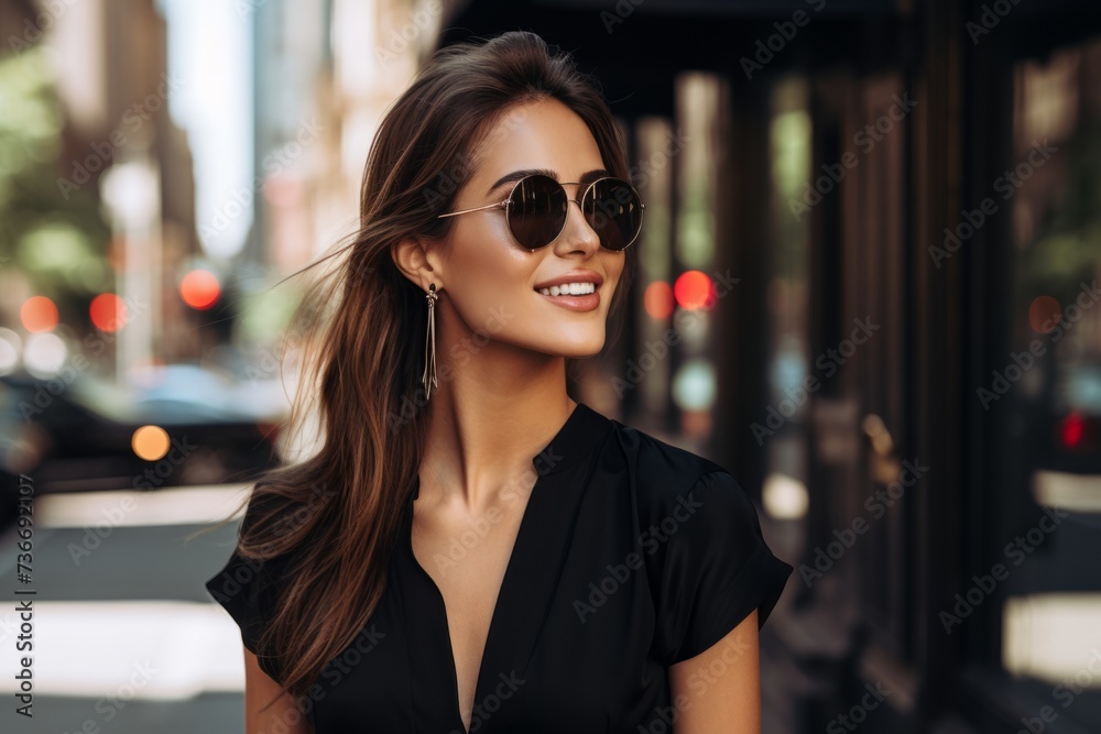 Stylish woman in a trendy black jumpsuit, her joyful smile mirroring the lively spirit of the city around her Stylish woman in a trendy black jumpsuit, her joyful smile mirroring the lively spirit of the city around her