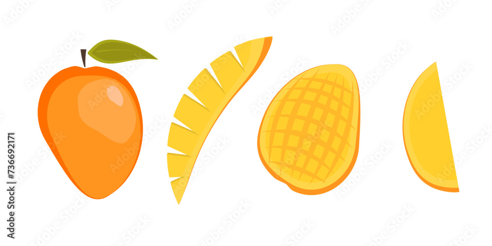 Bright flat vector exotic ripe orange and red mango set - fruit split in a half, quarter, cubes. Cute colorful simple tropical summer fruits for sticker, menu design, package Bright flat vector exotic ripe orange and red mango set - fruit split in a half, quarter, cubes. Cute colorful simple tropical summer fruits for sticker, menu design, package