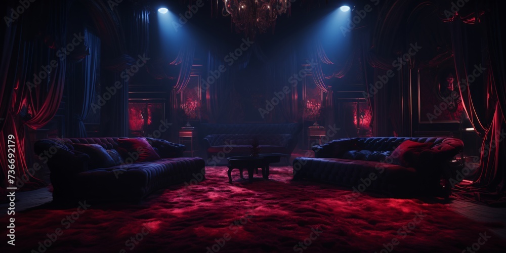 a room with red carpet and couches