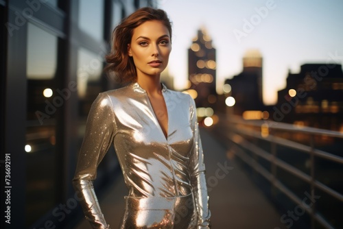 A chic woman in a striking silver jumpsuit, her smile as bright as the city lights behind her, epitomizing the essence of modern city fashion © aicandy