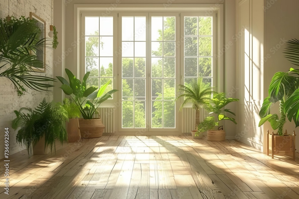 Fototapeta premium Sunlit Room with Green Plants and French Windows