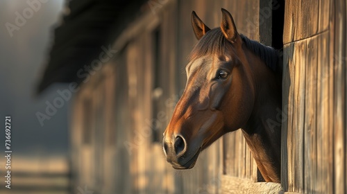 Contemplative horse peering from a stable at dawn in a serene rural setting