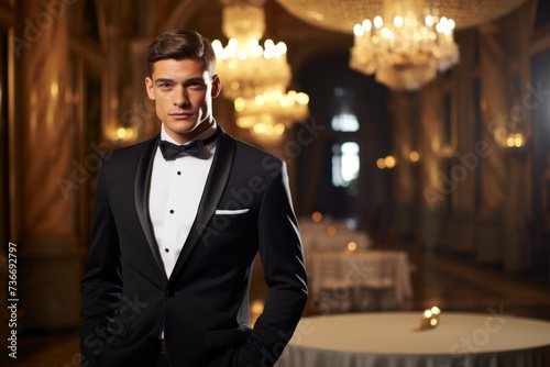 Man in a refined tuxedo and black satin cummerbund, exuding sophistication in a grandiose, antique ballroom setting photo