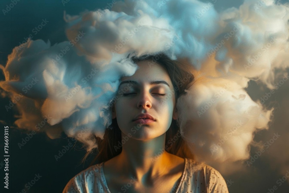 Young woman in a conceptual portrait with clouds surrounding her head Symbolizing contemplation Dreams And mental wellness