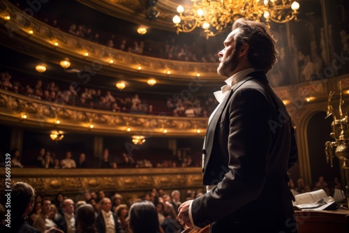 An accomplished librettist in the heart of a magnificent opera house, engrossed in a captivating musical performance