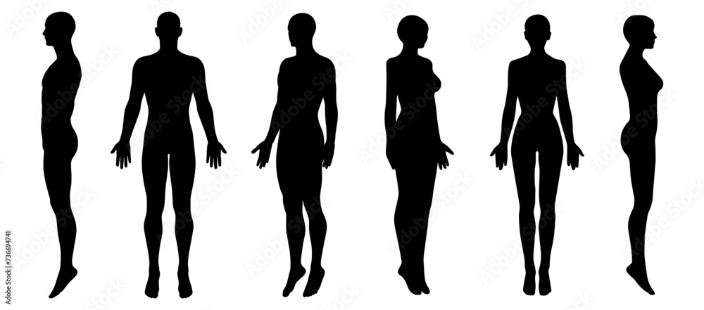 男女 人体シルエット 全身正面 横向き 後ろ姿 斜めのイラストセット モノクロ