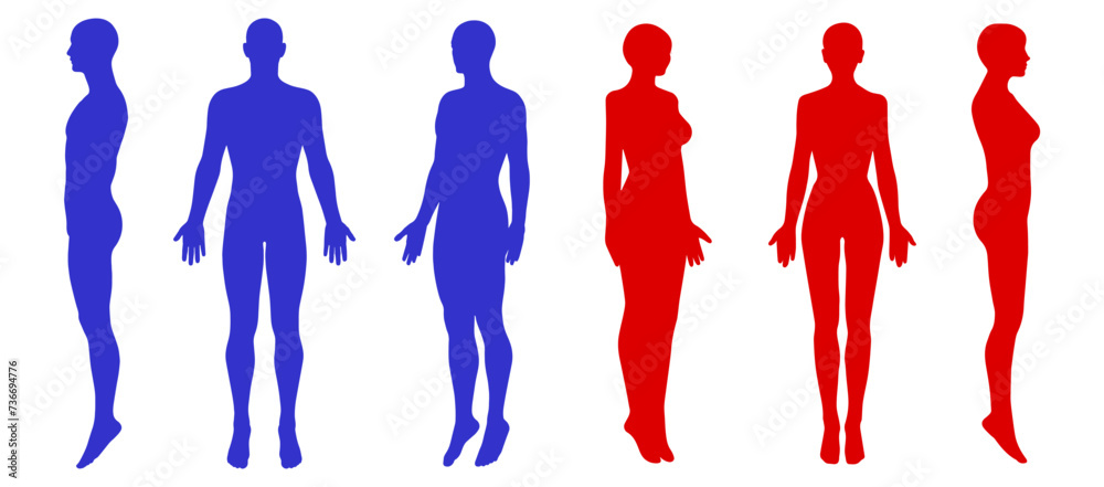 男女の全身シルエットイラスト 正面横向き斜めポーズの人体ボディセット 赤と青のシンプルアイコン