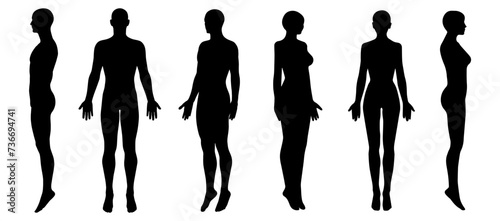 男性と女性の全身正面 横顔 ななめ前向き 後ろ姿のシルエットセット 男女6ポーズのイラスト