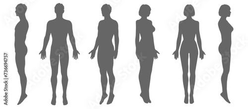 男性と女性の全身正面 横向き 斜めのシルエットイラストセット