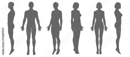 男性と女性のシルエット 全身正面 横向き 斜めポーズのイラスト アイコン素材