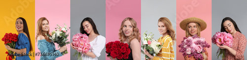 8 March - Happy Women's Day. Charming ladies with beautiful flowers on different colors backgrounds, collage photo