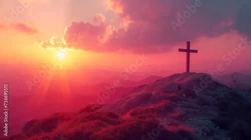 Sunrise at mountain crest with cross symbolizing faith and hope