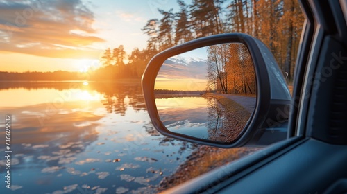 Serene Sunset Reflection in Car's Side-View Mirror Over Calm Lake Waters photo