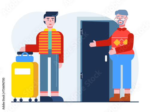 Aged man staycation with her son. Senior citizen vector illustration.