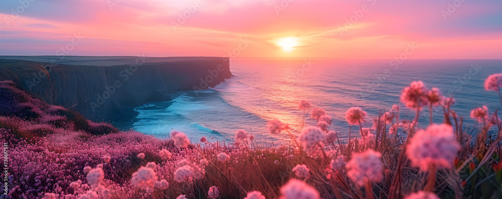 Fototapeta premium Scenic view of garden with pink flowers against mountain and sea. Spring or summer landscape with coastline and mountains on sunset. Travel and vacation concept. Banner with copy space 