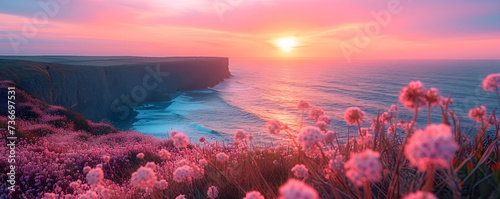 Scenic view of garden with pink flowers against mountain and sea. Spring or summer landscape with coastline and mountains on sunset. Travel and vacation concept. Banner with copy space 