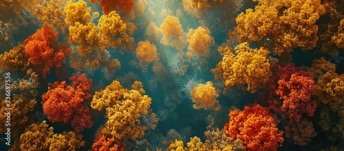 An enchanting autumn scene with vibrant forest treetops and glowing colors, seen from above on a sunny day. photo
