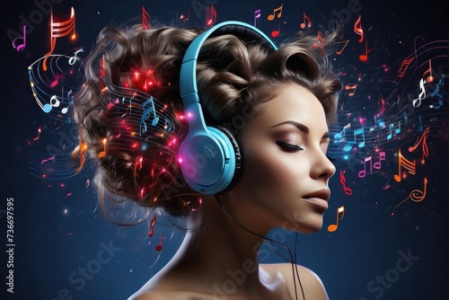Brain listening music, mental health, brain with headphones, music treat brain,  