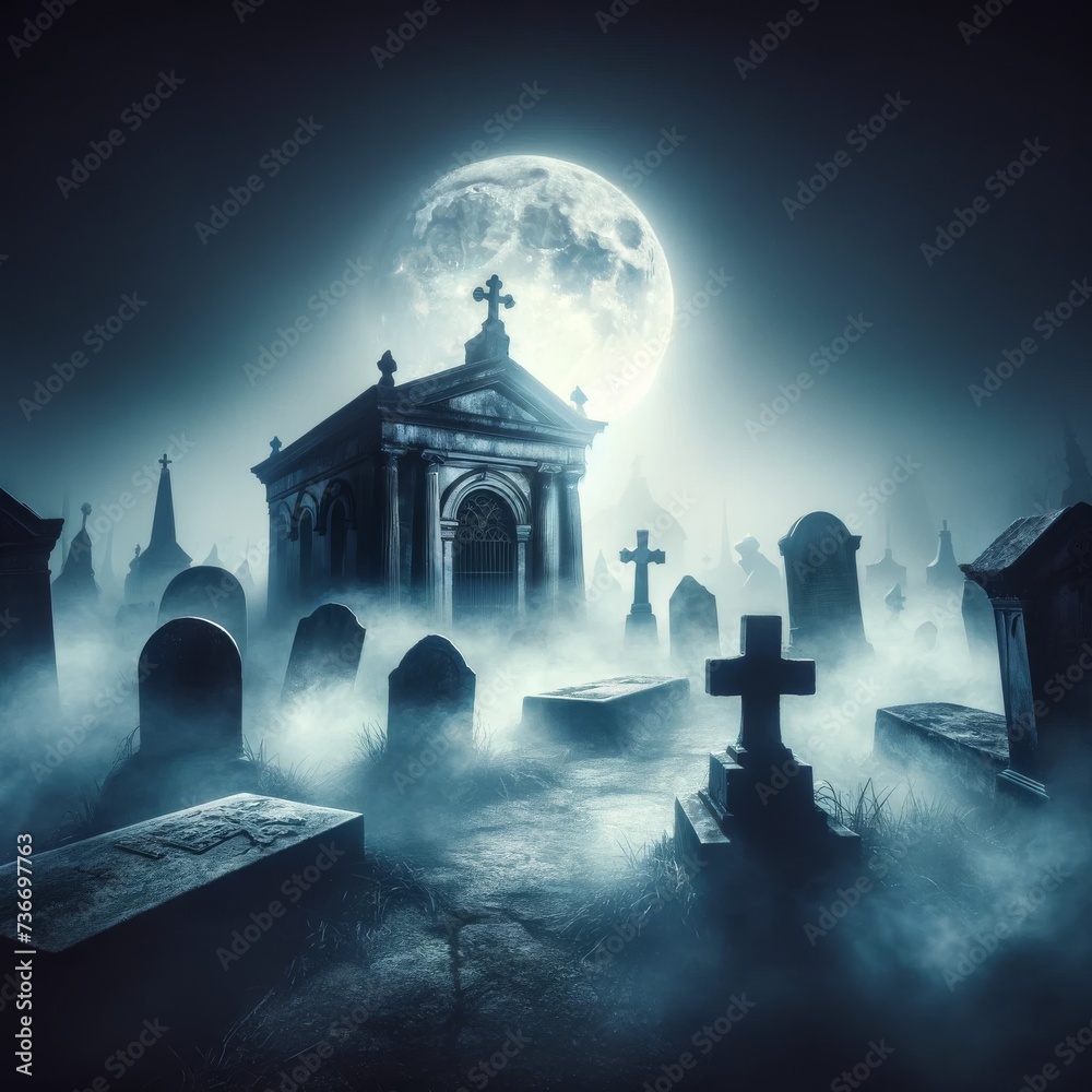 Eerie Cemetery with Blue Fog and Full Moon